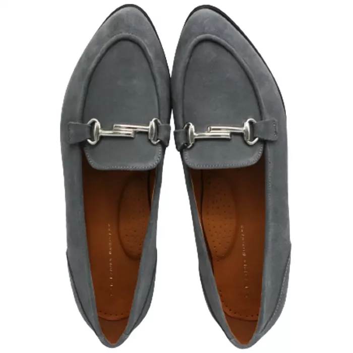 Graue Loafer Damen Schuhe von oben auf mandelförmige Spitze mit Verzierung-Modell 563