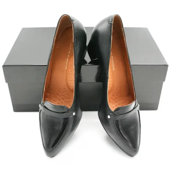 Foto Elegante Damenschuhe schwarz mit Schlangenmuster an der Spitze. Beide an Schuhkarton gelehnt - Modell 511