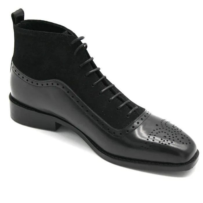 Schnürstiefelette schwarzer Ledermix mit eleganter Verzierung_Modell 413