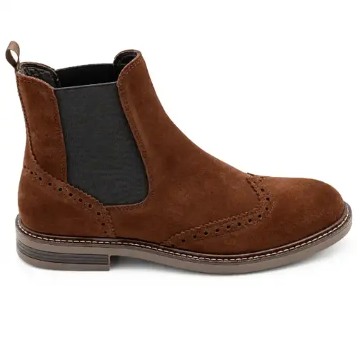 Braune Wildleder Chelsea Stiefelette mit Brogue-Verzierung und seitlichem Elastikeinsatz