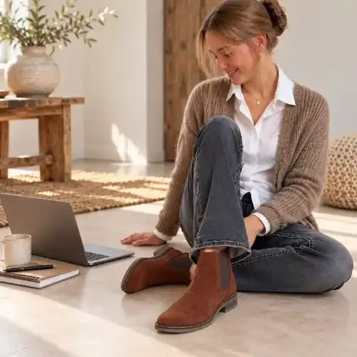 Braune Wildleder Chelsea Boots mit Brogue-Details getragen zu dunkler Jeans