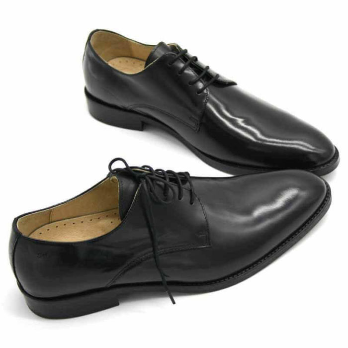 Foto von zwei schwarz polierten Herrenschuhen beide nach rechts weisend mit den Schuhspitzen schräg zusammen - Modell Business Klasse 306