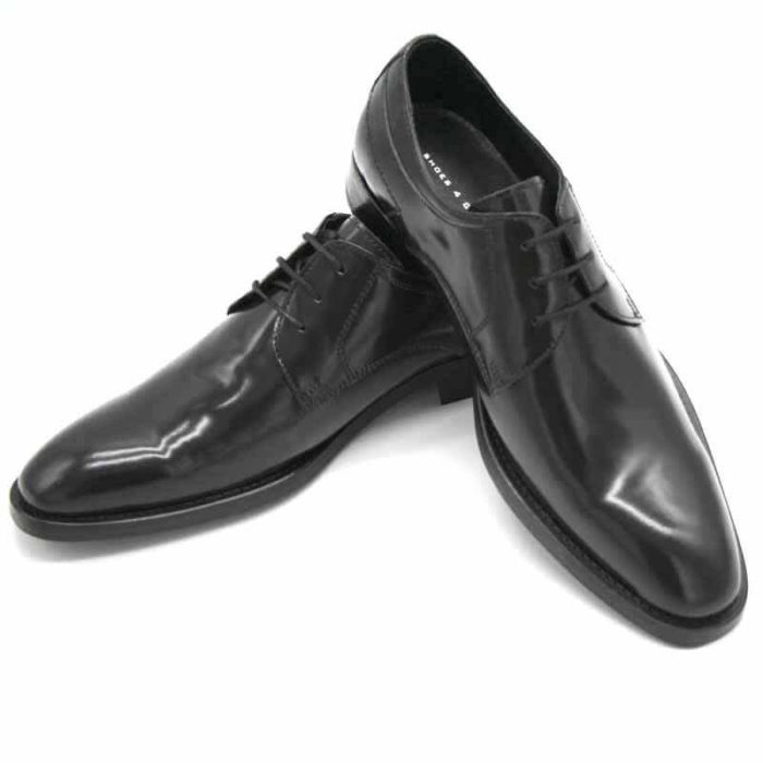 Foto von zwei schwarzen, polierten Herrenschuhen, der linke auf den rechten Schuh gestellt - Modell Business Klasse 306