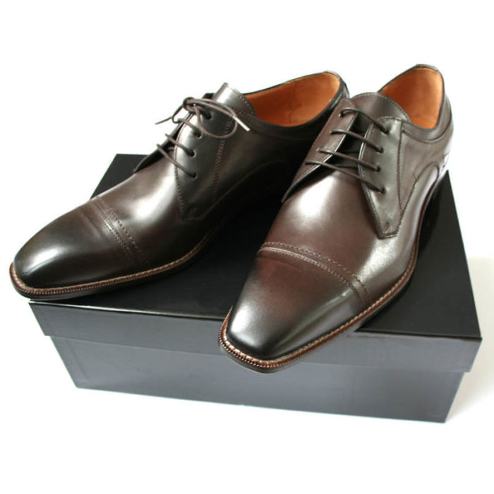 Photo men`s business shoes-Sophisticated design-dark brown mocha tone-2 shoes from above on a carton